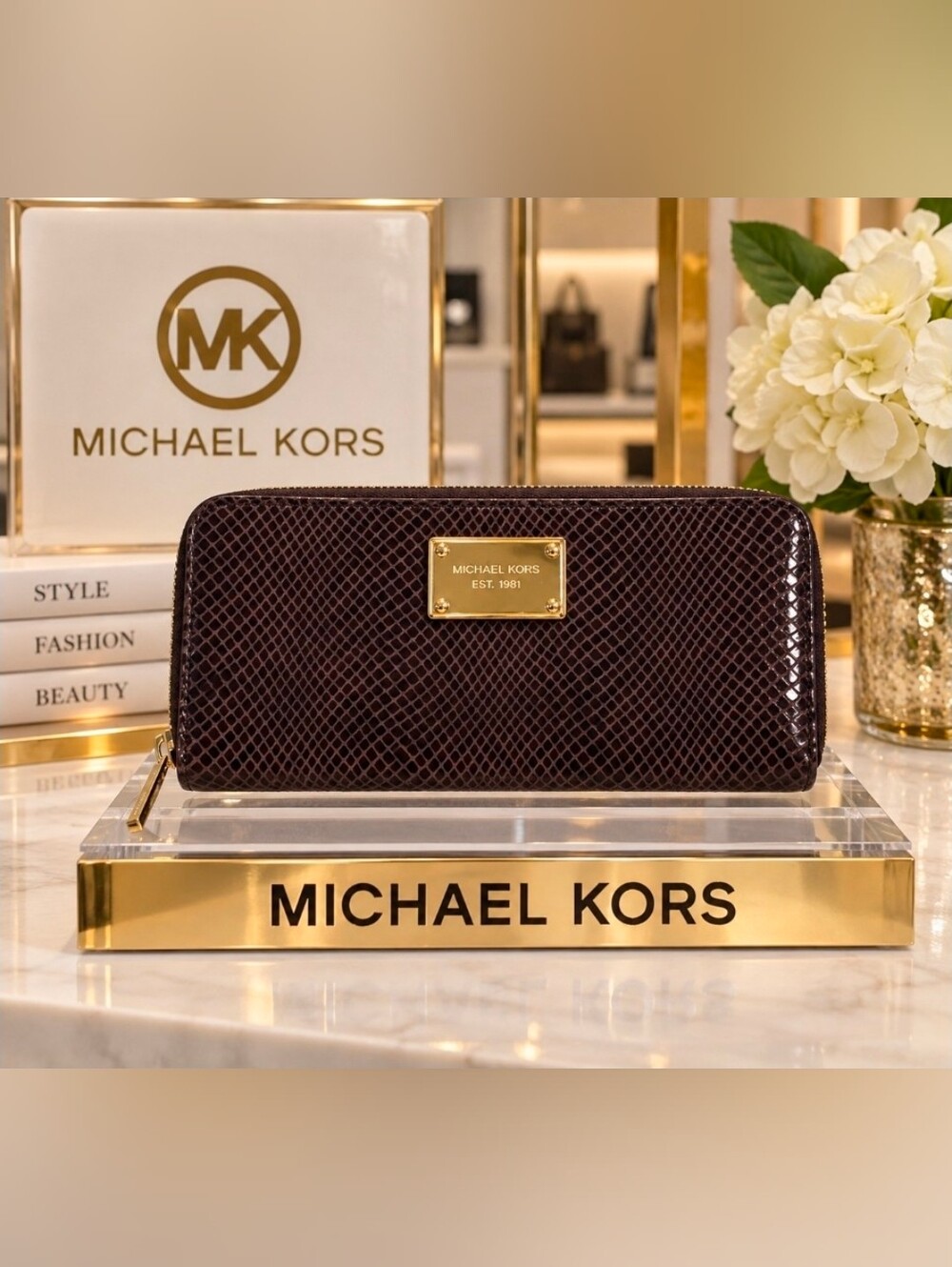 Michael Kors Dark Brown Snake-Embossed Zip Wallet with Gold Plaque